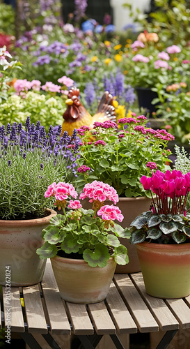 Potted pink geraniums lavender and cyclamen on wooden table