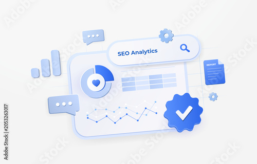 SEO reporting with search performance analytics, ranking insights and visibility monitoring. Track organic growth, evaluate search metrics and SEO optimize website performance vector illustration.