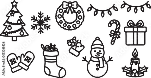 Christmas and winter holiday elements black and white illustrations with line art christmas tree candy cane christmas elements collection illustrations clip art stocking snowflake
