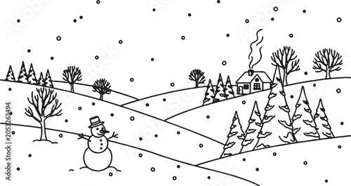 Canvastavla Charming winter wonderland landscape with snowman snowy trees a cozy cabin outli