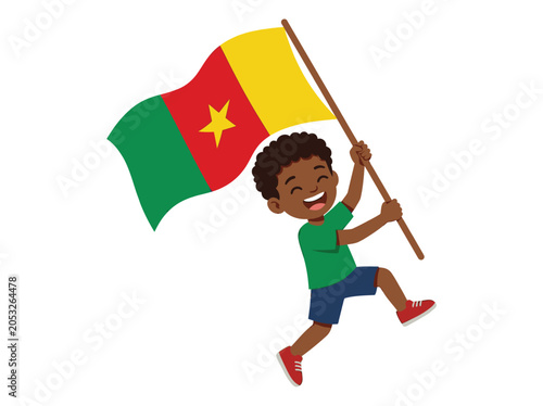 Proud Cameroonian boy raising country flag high celebrating victory cup