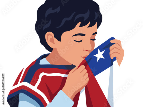 Close up portrait of Chilean child kissing national flag with love