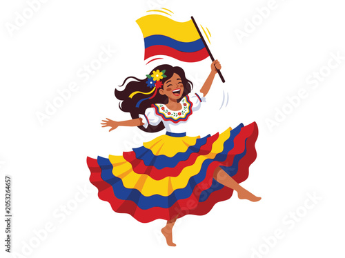 Joyful Colombian girl dancing while holding national yellow flag high