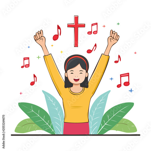 Woman celebrating with cross and music notes