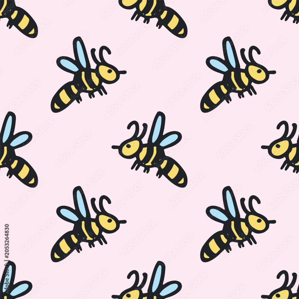 Naklejka premium Seamless pattern with hand drawn happy funny cute honey bee Adorable flying striped insect friendly kawaii bumble bee For kids print, wrapping paper, packaging, fabric