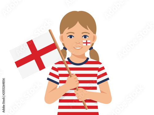 Front view portrait of English girl holding flag with face paint