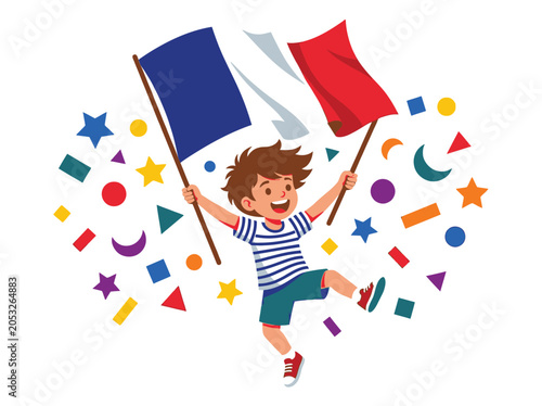 Dynamic illustration of French kid holding flag high with confetti rain