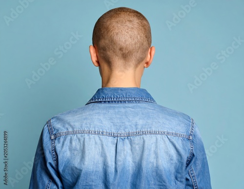 Rear view of a person wearing a denim shirt against a blue backdrop, showcasing a closely shaved head and the nape of the neck