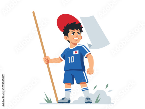 Low angle heroic Japanese boy holding national flag at soccer tournament