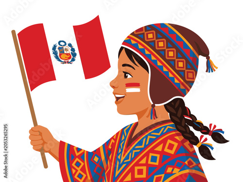 Close up portrait of Peruvian child with red white flag face paint