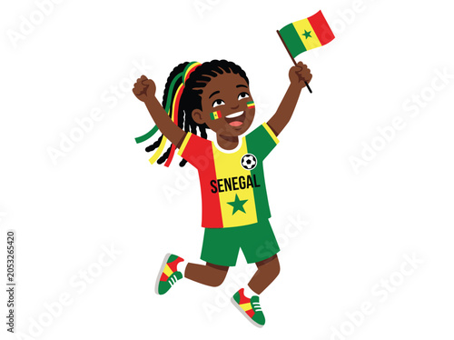 Joyful Senegalese girl waving colorful national flag at football arena