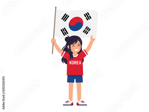 Happy South Korean girl holding national flag cheering for the team