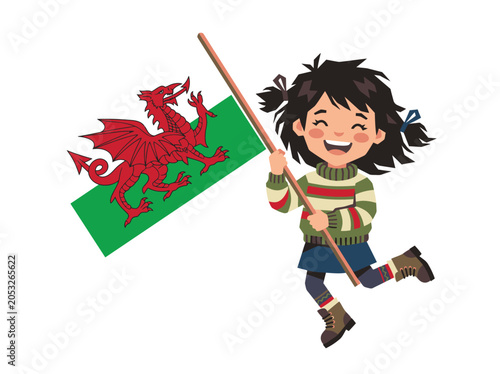 Excited Welsh girl holding red dragon national flag at football cup