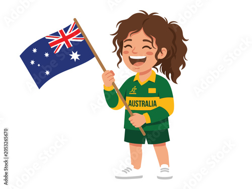 Laughing Australian girl holding national flag cheering soccer world cup