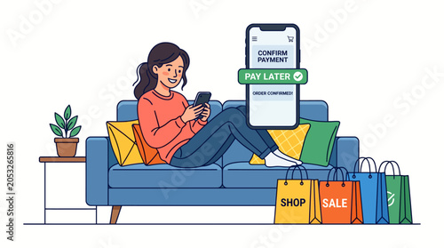Woman sitting on couch confirming order using mobile buy now pay later application