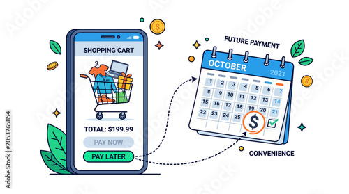 Smartphone online shopping cart linked to a calendar showing buy now pay later option