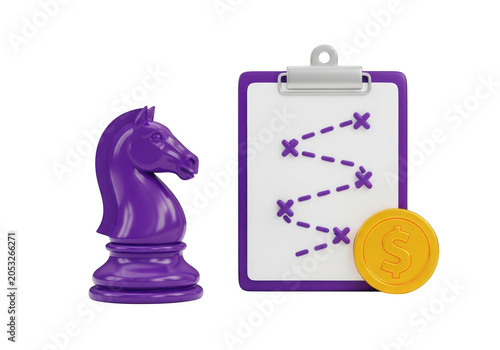 3d icon of purple chess knight piece, clipboard with strategy diagram, and gold coin isolated on transparent background