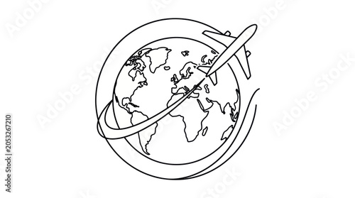 Fotografija Airplane flying around globe, travel concept, world map, line art illustration