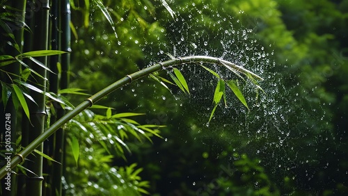 A flexible bamboo branch recoiling, flinging water droplets into the air. gardening catalogs, home-decor guides, designed for home decor and floral branding, used by procurement managers.