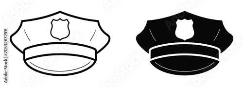 Принти на полотні Police cap silhouette icon set, black and white law enforcement hats with badge emblems for security themes