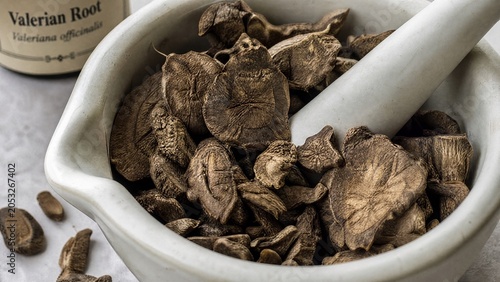 Dried slices of valerian root scattered in a white ceramic mortar with soft natural side lighting. gardening catalogs, home-decor guides, designed for home decor and floral branding.