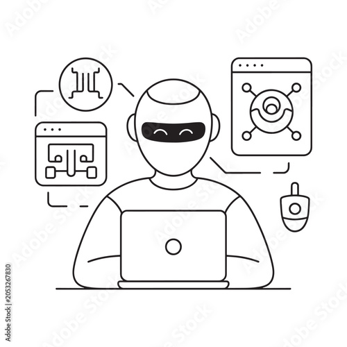 Hacker With Devices Line Art Illustration On White Background