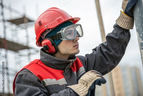 Worker wears red helmet and safety goggles