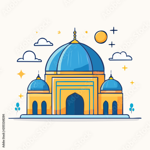 Stylized Mosque Illustration with Blue Domes and Yellow Walls