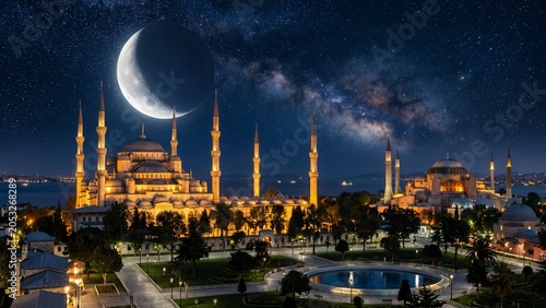 Islamic New Year Crescent Moon over Illuminated Mosques at Night
