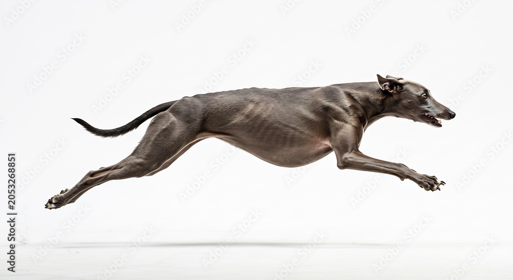 Fototapeta premium Dynamic greyhound dog leaps through bright studio light on a clean white background. AI Generated