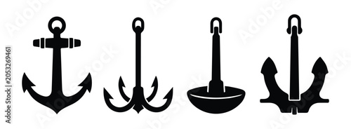 Tablou pe pânză Anchor types set — navy anchor, grapnel, mushroom, stockless anchor icon Silhoue