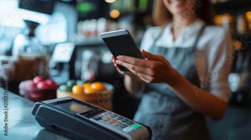 Barista using a smartphone for contactless payment at a modern coffee shop. Mobile banking, digital wallet, fintech transaction, cashless payment, retail technology, and customer service concept.