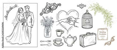 Fotografie Wedding doodle set love elements hand drawn bride groom icons collection