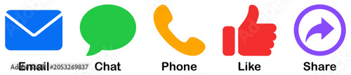 Foto Communication icons featuring email, chat, phone, like, share, message, contact, call, reply and notification symbols for mobile and web applications