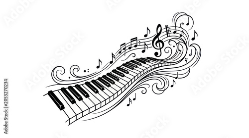 Tableau sur toile Melodic Piano Keyboard with Musical Notes and Swirls - Hand Drawn Illustration