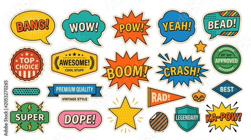Fotografie Retro Comic Book Style Speech Bubbles and Badges with Exclamations