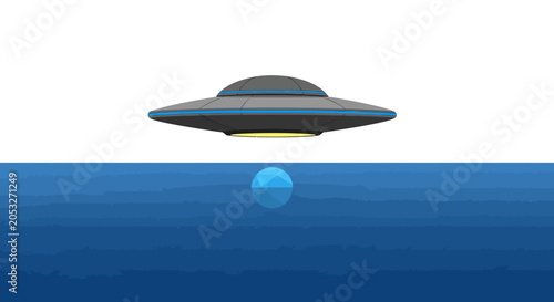 Gray UFO hovers over blue orb.