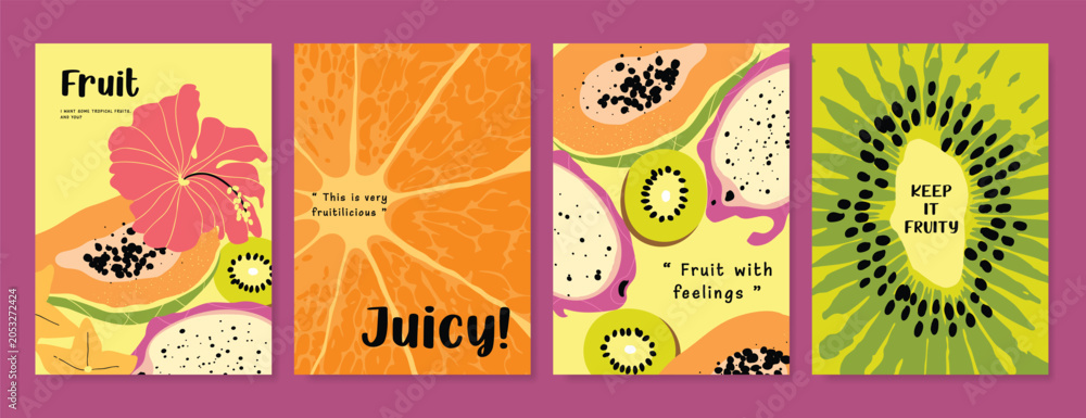 Obraz premium Abstract colorful fruit card background set. Minimalist poster with pineapple, orange, watermelon. Modern summer and spring wallpaper design for drink menu, promotion, beverages, ads.