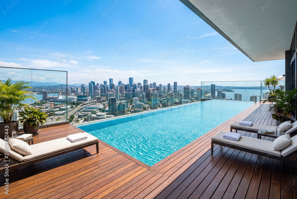 Fototapeta premium Luxury infinity swimming pool on rooftop terrace with lounge chairs and modern city skyline view