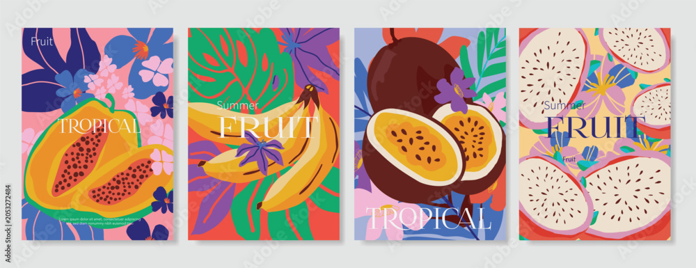 Obraz premium Abstract colorful fruit card background set. Minimalist poster with pineapple, orange, watermelon. Modern summer and spring wallpaper design for drink menu, promotion, beverages, ads.