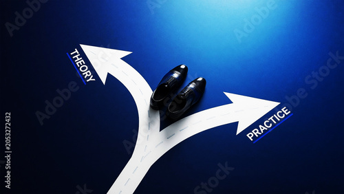 Theory Versus Practice Concept with Black Shoes Standing at Road Fork Symbolizing Decision Making, Business Strategy, Education, Learning Process and Real Life Application