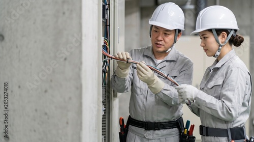 建設現場の分電盤で配線作業のOJT教育を行う男性電気工事士と若手女性