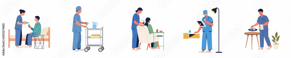 Fototapeta premium Set of flat illustrations of healthcare professionals giving medicine and providing medical care to patients in a hospital or clinic environment.