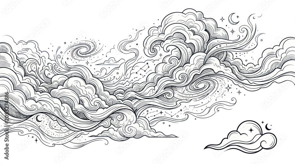 Fototapeta premium Whimsical Hand-Drawn Clouds and Stars - Black and White Illustration