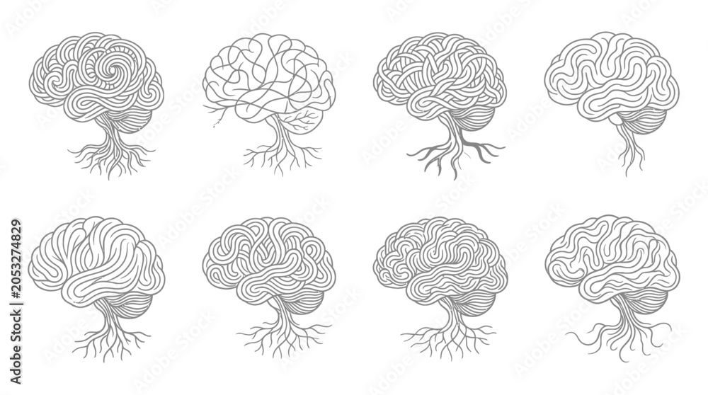 Naklejka premium Tree of Knowledge: Brains as Growing Trees with Roots