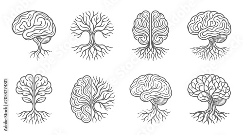 Fotografía Brain Tree Icons: Symbolizing Growth, Knowledge, and Life