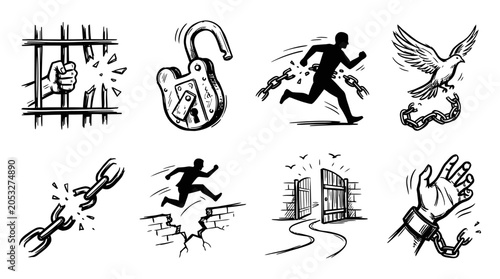 Photos Freedom Concept: Breaking Chains, Escaping Prison, Unlocking Freedom, Flying Bir