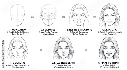 Canvas-taulu Step-by-step drawing guide: How to draw a realistic female face portrait