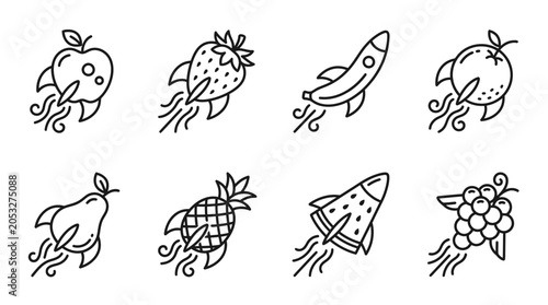 Photos Fruit Spaceships Flying, Cartoon Icons Set