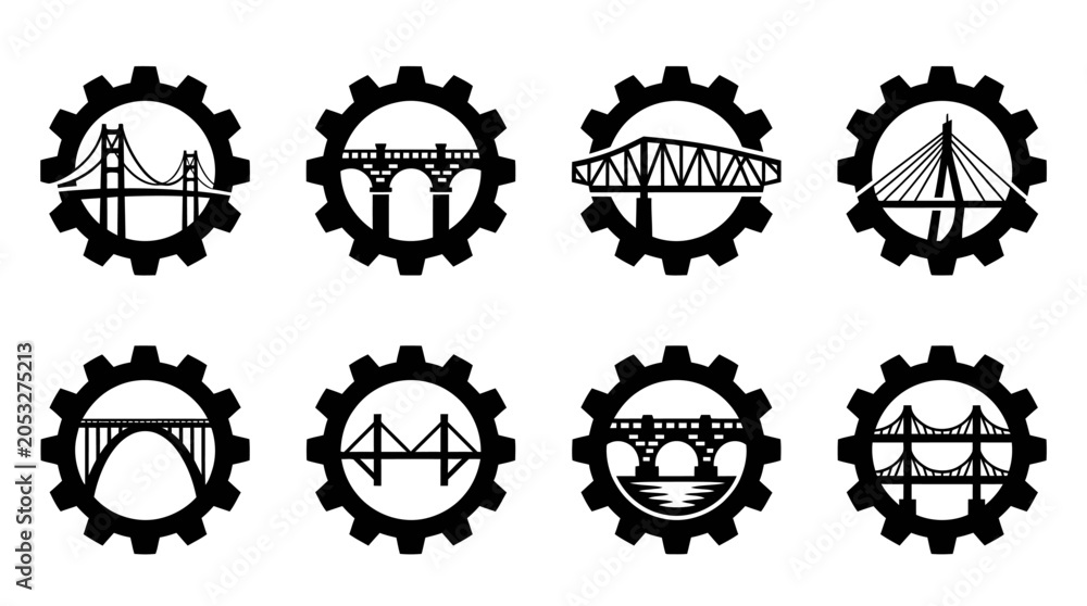 Obraz premium Bridge Icons Set, Industrial Gear Design, Engineering Concepts, Vector Art